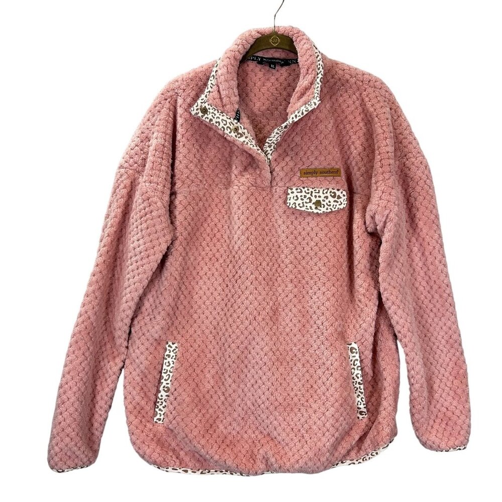 Simply Southern Pink Fleece Pullover Leopard Trim XL Womens Super Soft & Cozy